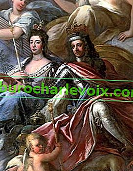 Уилям III и Мери II царуват в Англия.  Фреска в двореца Гринуич