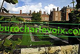 Hampton Court.  Pohled z jídelny přes zahradu druhého rybníka.  Zleva doprava - skleník, hrad, palác